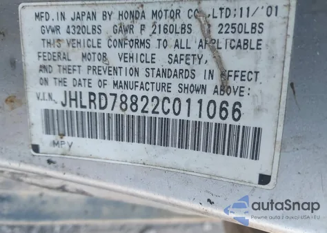 2002 Honda Cr-V Ex from USA, damaged, VIN JHLRD78822C011066